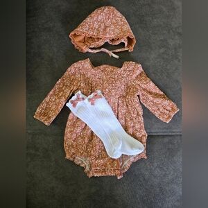 Baby Girl Smocked Long sleeve Outfit with Long Socks and Bonnet